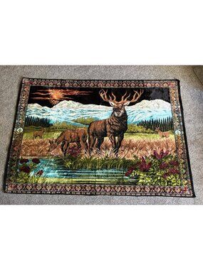 Large Vintage Lebanese Velvet Tapestry - Majestic Elk & Deer Nature Scene - 4x6